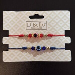 D'Bello Beaded Evil Eye Bracelet Set Of 2 Red Blue Cord Adjustable Tie Teens NEW